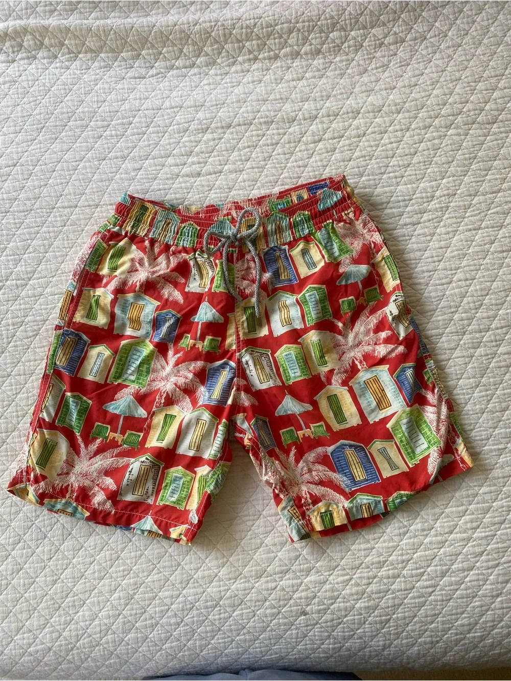 Vilebrequin Red Beach Hut Swim Trunks Palm Tree Drawstring Preppy Print Medium
